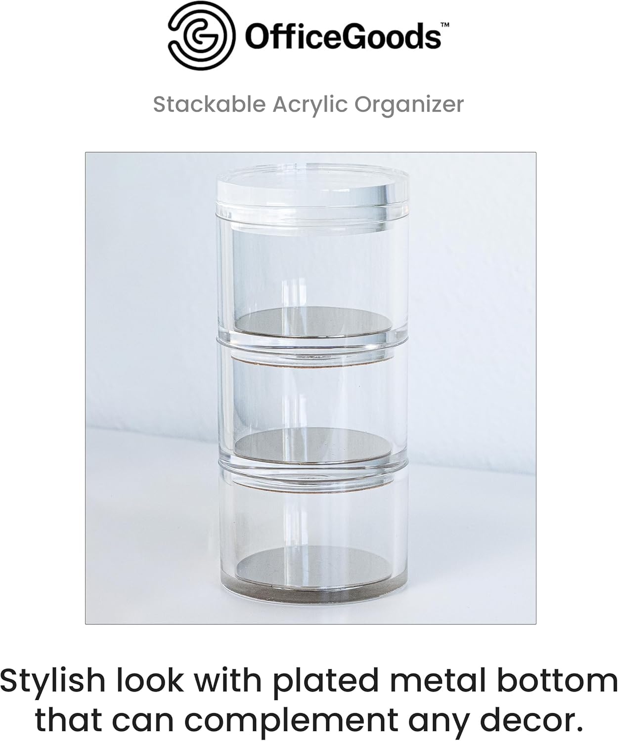 OfficeGoods 3-Tier Stackable Acrylic Holder- Stylish Desk Organizer and Storage for Office or Home – Transparent Round Design with Gold Metal Base