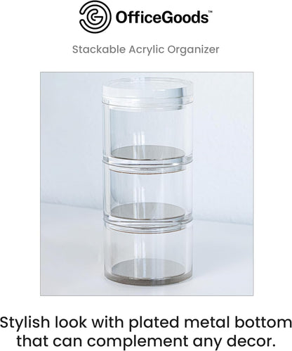 OfficeGoods 3-Tier Stackable Acrylic Holder- Stylish Desk Organizer and Storage for Office or Home – Transparent Round Design with Gold Metal Base