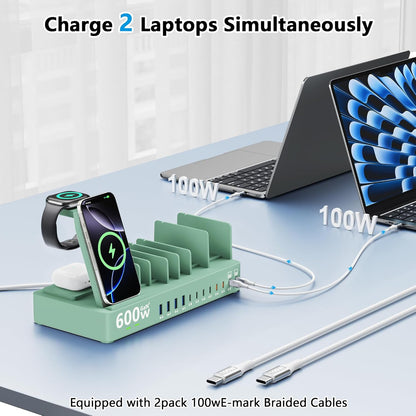 600w Charging Station for Multiple Devices, 15 in 1 Wireless Charging Station for Apple, Dual 100w USB C Tablet Charging Station for MacBook,iPhone,iPad,Tablet(Black)