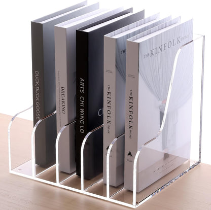 SANRUI Acrylic File Organizer, Clear Magazine File Holder Desk Organizer for Office Organization and Storage with 5 Vertical Compartments, Desktop Bookshelf for Home Office Organization