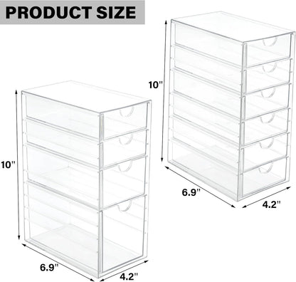 Prsildan Acrylic Makeup Organizer, 2 Pack Stackable Storage Drawers with 6 Drawers for Office Desk Vanity Craft Room Clear Drawer Organizers for Hair Accessories Art Supplies Cosmetics Modular System