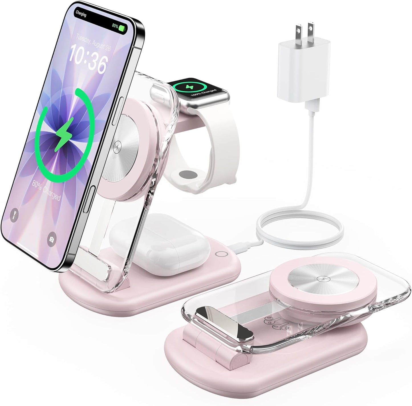 3 in 1 Magnetic Wireless Charging Station for Apple Devices, Fast Foldable Travel Mag-Safe Charger Stand with Night Light for iPhone 17 16 15 14 13 12 Series, Apple Watch/AirPods Pro, BU