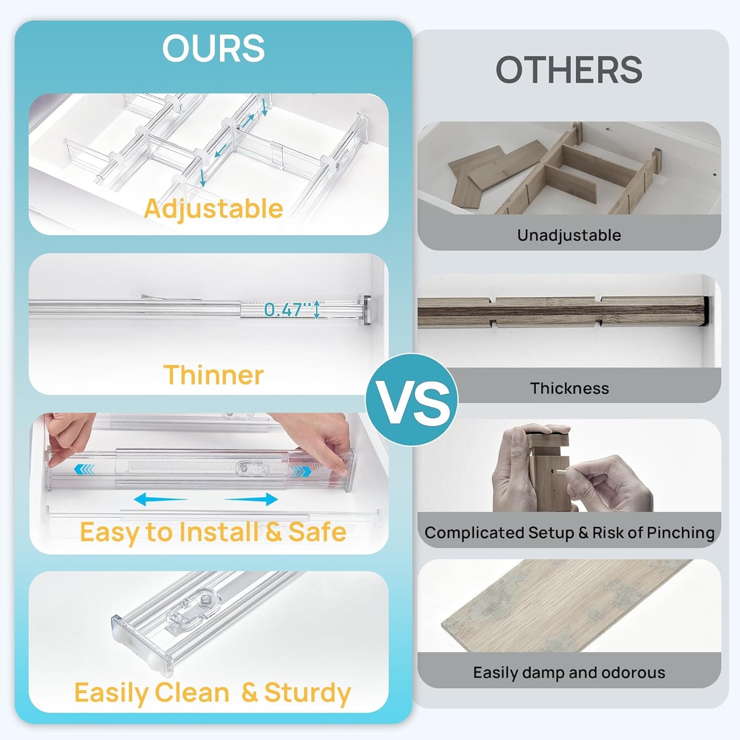 Vtopmart 8 Pack 6" Tall Upgrade Drawer Dividers for Big and Deep Drawer, 12.8"-22.3" Adjustable Expandable Dresser Drawer Organizer, Clear Plastic Separators for Dresser, Baby Supplies, Kitchenware