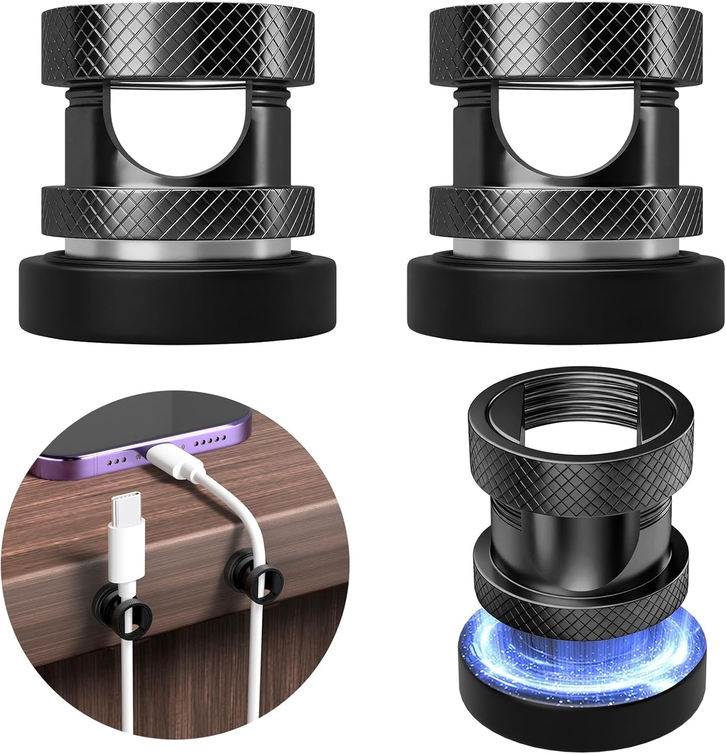Maveek Metal Magnetic Cord Holder, Magnet Cable Clips Stainless Steel Adjustable Cord Organizers for Desk Nightstand Car Office Charging Wires USB C Laptop Earphone Audio Cords (4 Pack)