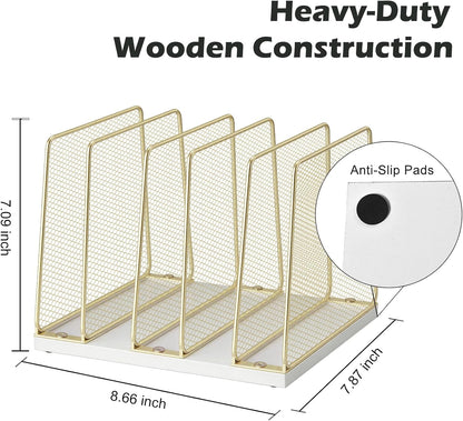 AUPSEN 5-Section Gold File Organizer for Desk, Wood Mesh Desktop File Organizer, File Sorter Storage Rack, Vertical Folder Holder for Files, Magazines, Books (Gold)