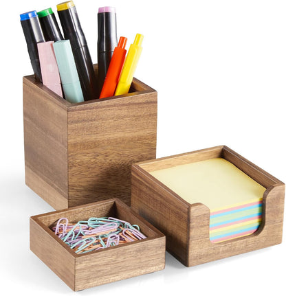 Desk Organizer Set of 3 - Bamboo Office Desk Accessories - Desk Organizers and Accessories for Women Men - Set incl. Pencil Pen Holder, Paperclip Storage and Sticky Note Holder