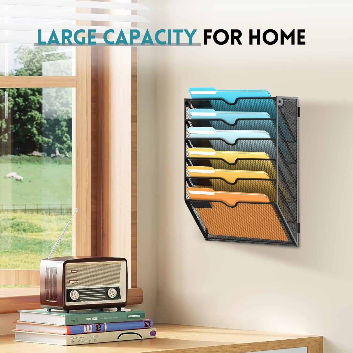 SUPEASY 5 Tier Wall File Organizer, Hanging Wall Mounted Mail Organizer with Label Slots, Metal Mesh File Holder Magazine Rack for Office, Home, School or Classroom, Black