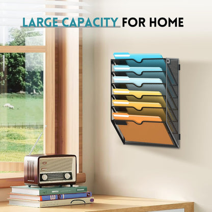 SUPEASY 5 Tier Wall File Organizer, Hanging Wall Mounted Mail Organizer with Label Slots, Metal Mesh File Holder Magazine Rack for Office, Home, School or Classroom, Black