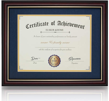 ELSKER&HOME Diploma Frame - Wide Solid Wood Frame - Black Velvet Golden Rim Mat - Semi-Tempered Glass - Includes Hanging Hardware and Desktop Easel(ONLY Display 11×14 Document/Certificate)