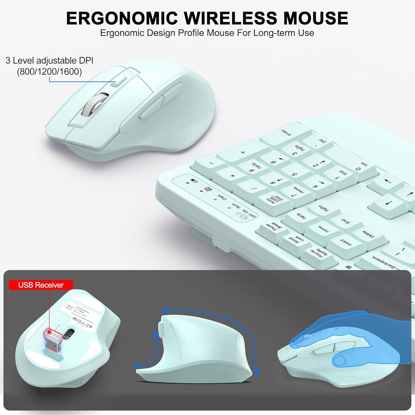 Wireless Keyboard and Mouse Combo, 2.4G Full Size Wave Keys Ergonomic Keyboard with Wrist Rest and 3-Level DPI Adjustable Wireless Ergonomic Mouse for Windows, Mac OS Desktop/Laptop/PC(Black)