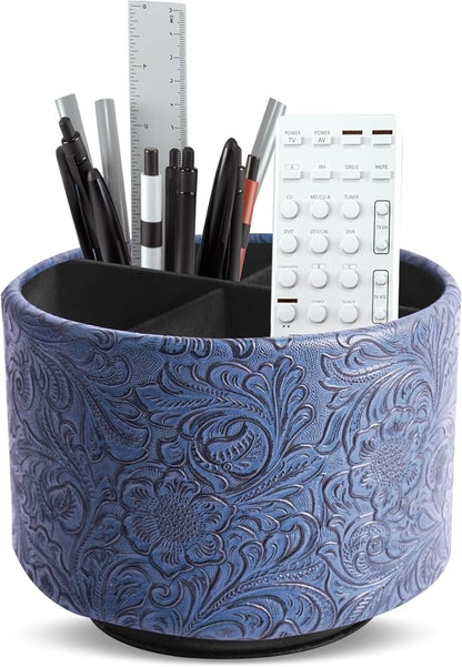 lizimandu Round Leather Art Supply Organizer,Remote Control Holder,360 Degree Spinning,Multi-Functional Pencil Holder,4 Compartments Desktop Stationary Organizer(1-Gold) - Colors A
