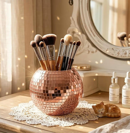 Glass Disco Ball Pen Holder with Smooth Grouting - Premium Mirror Mosaic Pencil Cup for Desk, Cute Makeup Brush Holder, Aesthetic Room Decor Gift (Iridiscente)