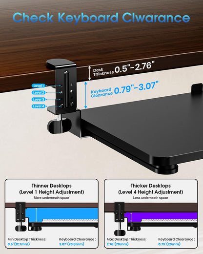 Large Keyboard Tray Under Desk, Pull Out Keyboard & Mouse Tray with Adjustable C-clamp, 25.6(31.5 Including Clamps) x 11.8 Inch Slide Out Computer Keyboard Drawer Mouse Tray for Typing, Brown