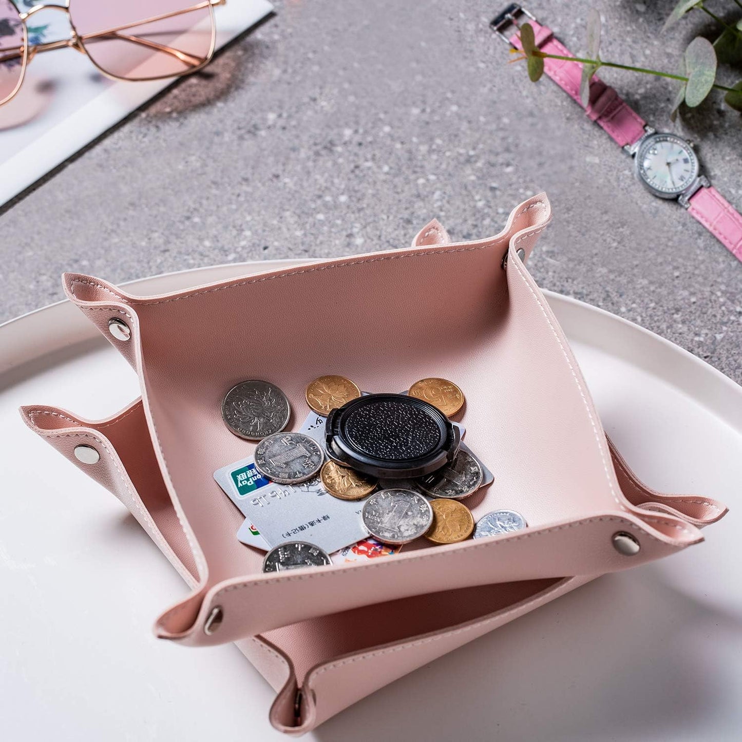 SANQIANWAN Leather Jewelry Valet Tray for Women and Man, Entryway Table Bedside Nightstand Desk Portable Small Catchall Travel Dish Plate for Key,Wallet,Watch,Phone,Coin(Pink-B)