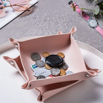 SANQIANWAN Leather Jewelry Valet Tray for Women and Man, Entryway Table Bedside Nightstand Desk Portable Small Catchall Travel Dish Plate for Key,Wallet,Watch,Phone,Coin(Pink-B)