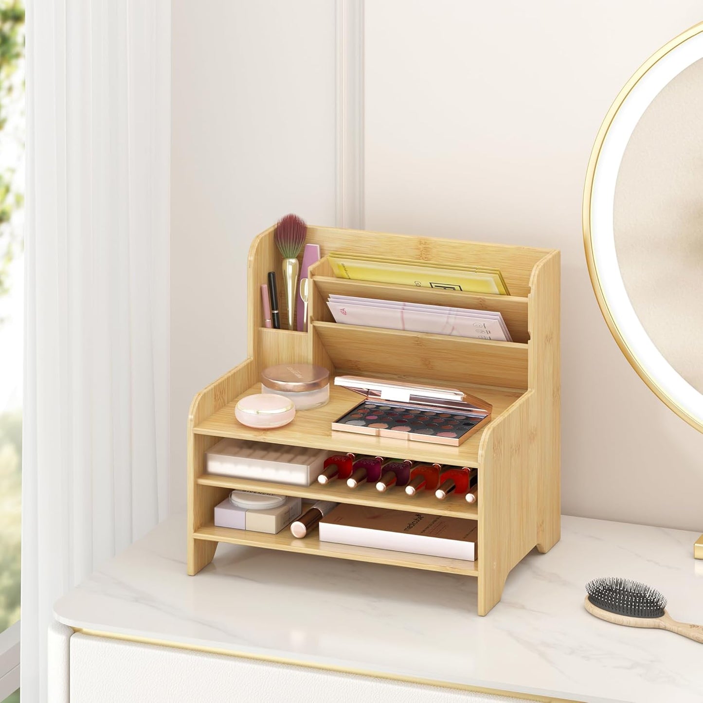 Bamboo Desk Organizer Mail Holder Countertop Letter Tray File Organizer for Desk Letter Sorter Paper File Storage for School Home Office Supplies