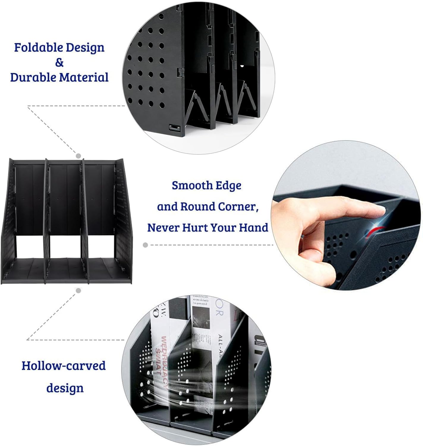 Marte Vanci Collapsible Magazine File Holder with 4 Vertical Compartments, Binder Holder for Desk, Desktop Binder Organizer for Notebook, Documents, Book, School Office Supplies(Black)