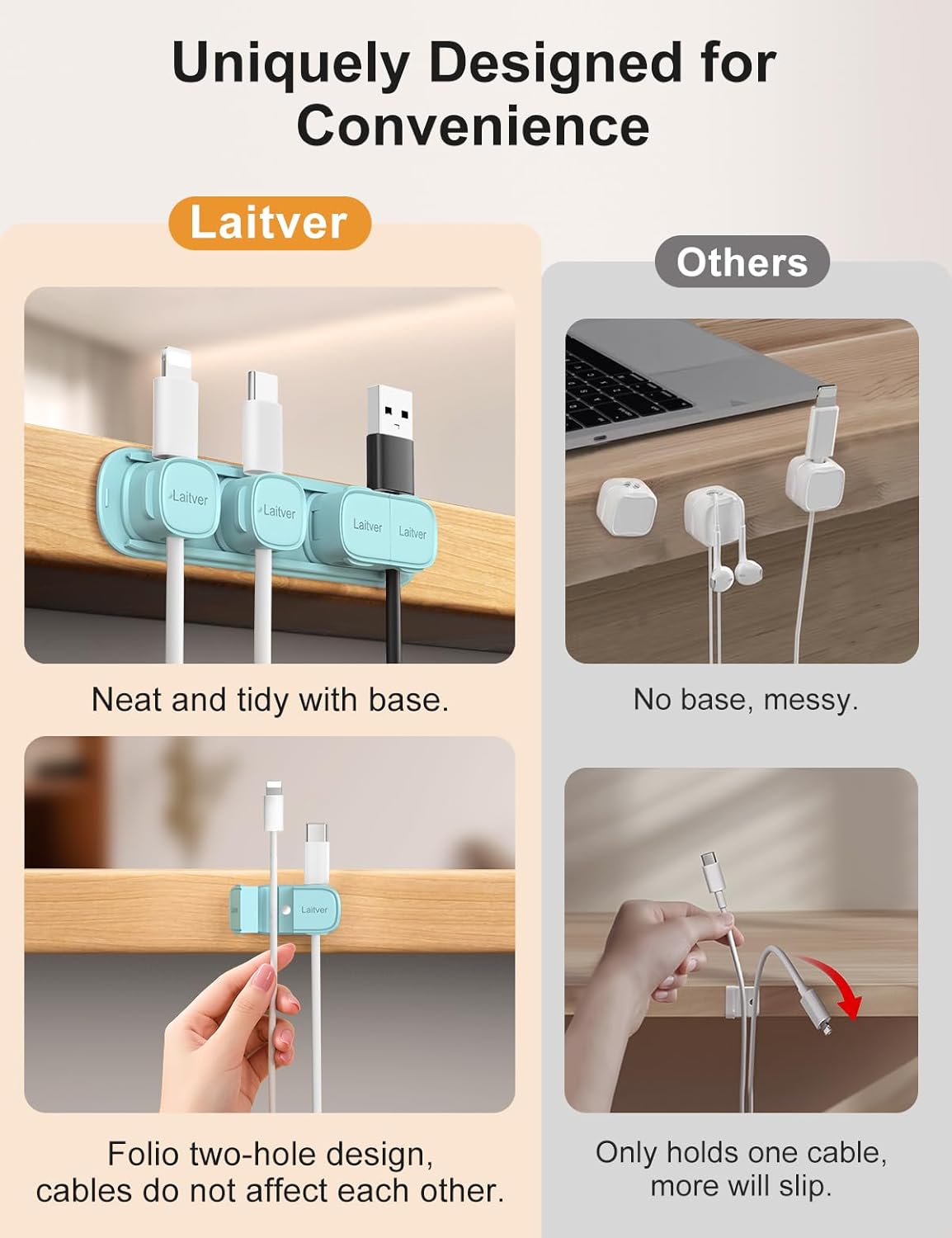 6 Pack Magnetic Cable Clips [1s Open/Lock], Laitver Cord Organizer Holder Strong Adhesive Desk Cable Management- Organize Charging Cords Neatly for Home, Office, Car,Desk, Nightstand