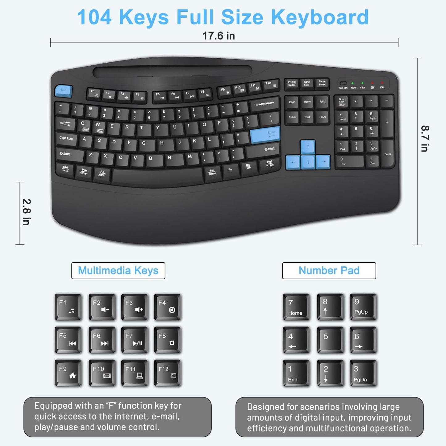 Wireless Keyboard and Mouse Combo, 2.4G Full Size Wave Keys Ergonomic Keyboard with Wrist Rest, Phone Holder, 3-Level DPI Wireless Silent Mouse with 6-Buttons, for Windows, Mac OS, Laptop, PC (Black)