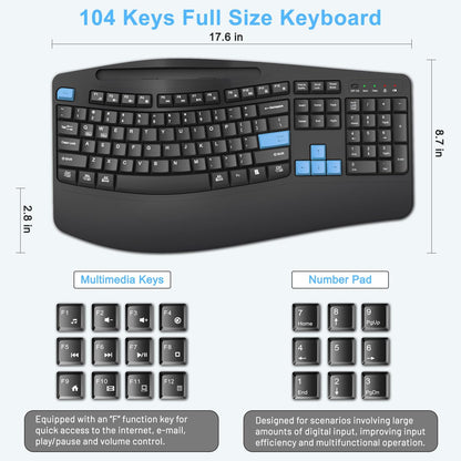 Wireless Keyboard and Mouse Combo, 2.4G Full Size Wave Keys Ergonomic Keyboard with Wrist Rest, Phone Holder, 3-Level DPI Wireless Silent Mouse with 6-Buttons, for Windows, Mac OS, Laptop, PC (Black)