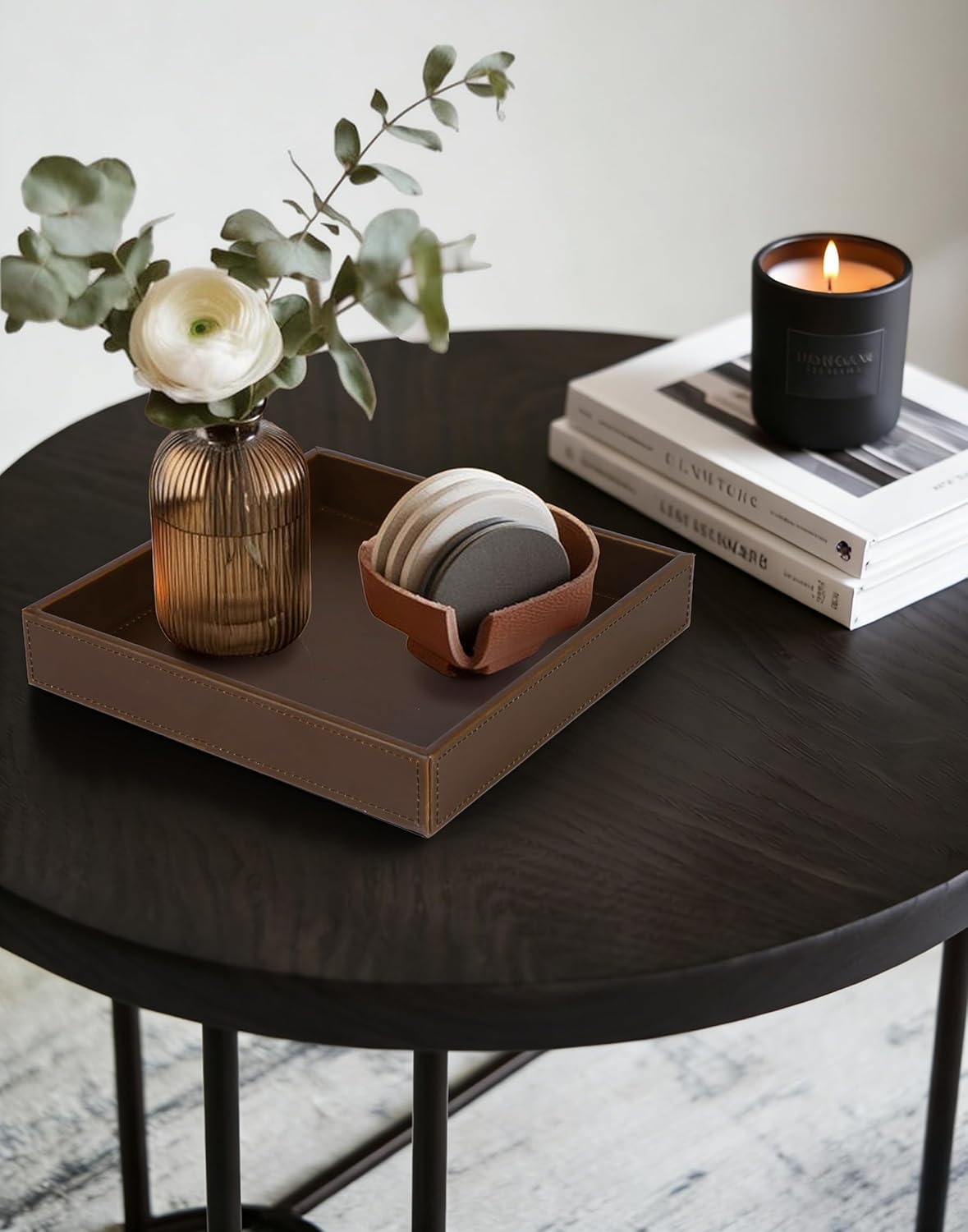 HofferRuffer Faux Leather Vanity Tray, Elegant Desktop Storage Organizer, Decorative Catchall for Perfume, Bathroom Valet, Nightstand or Dresser, Black, 10.2 x 8.4 x 1.8 Inches