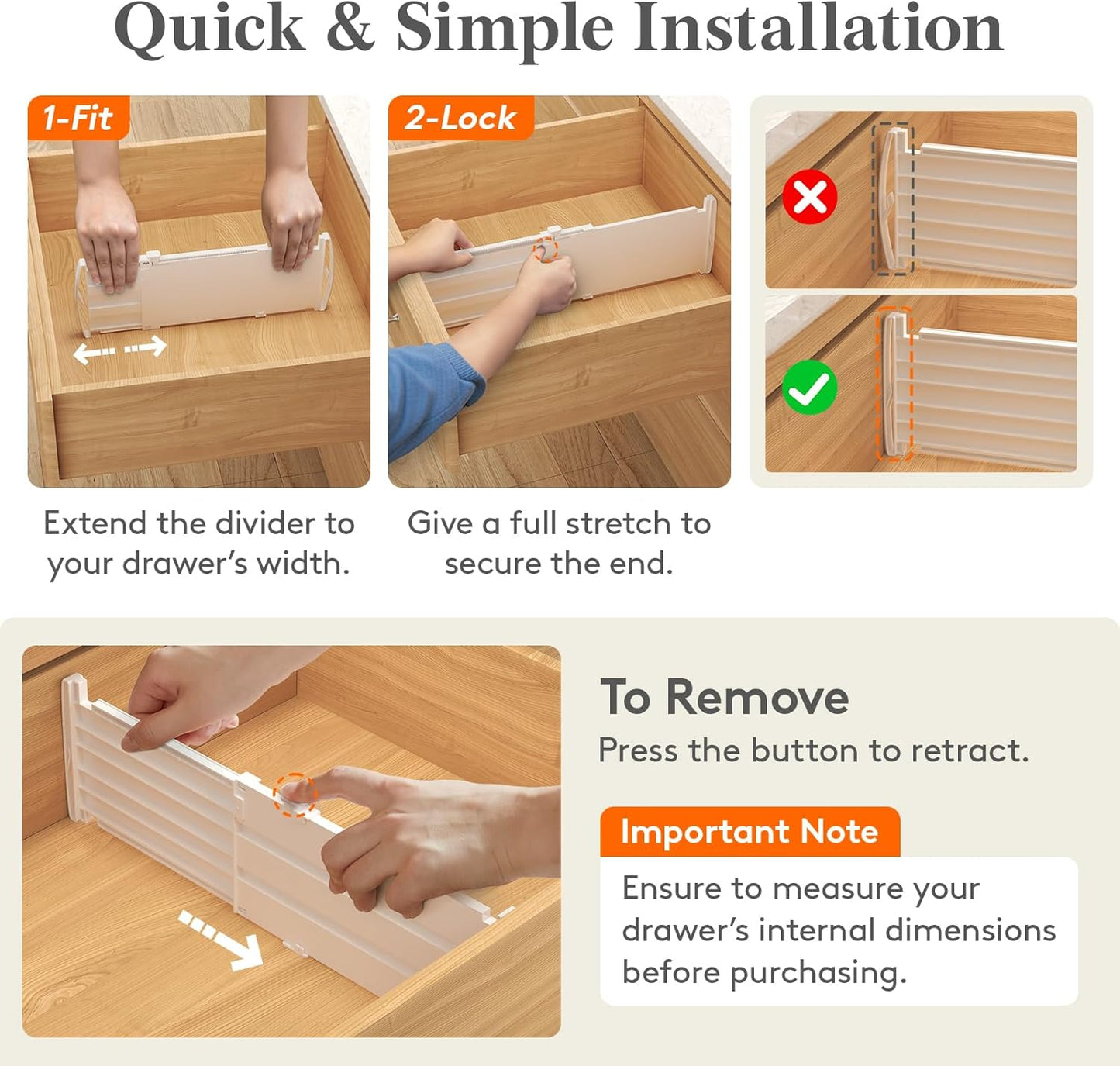 Lifewit Drawer Dividers for Clothes, 3.2" Tall 10.5"-16.5" Expandable Dresser Drawer Organizers, Adjustable White Plastic Separators for Kitchen, Cabinet, Nursery, Socks & Underwear Storage, 4 Pack