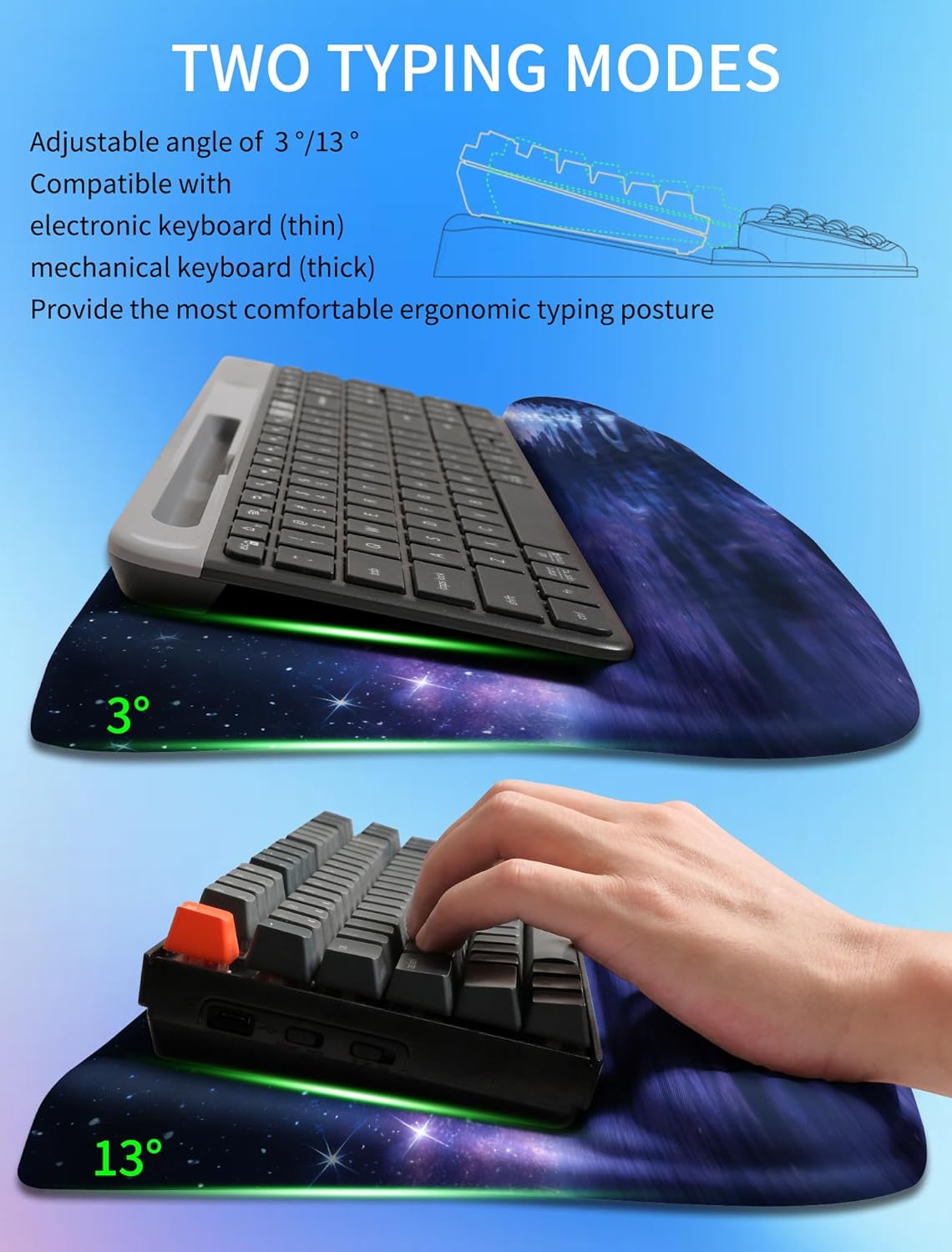 Ergonomic Wave Wrist Rest with Keyboard Stand, Cushioned Palm Rest, Comfortable Integrated Memory Foam for Natural Typing and Relieve Wrist Pain, Dark Night Black