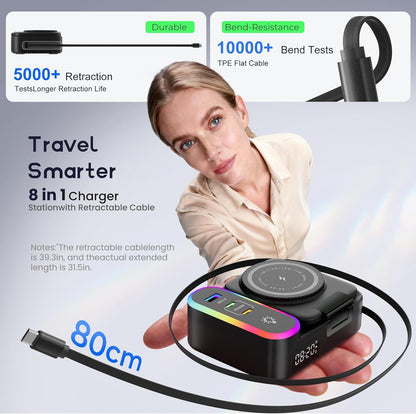 8-in-1 Charging Station 65W, 15W Magnetic Wireless Charger with Retractable Cable, 30W USB C Fast Charging Stand for iPad, Multiple Devices for iPhone 17 16 15 14 13 12 Pro Max Apple Watch Airpods