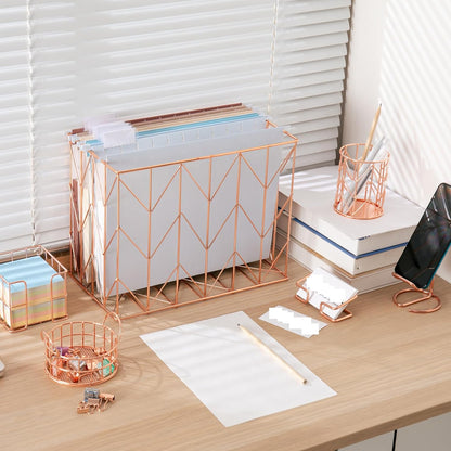 Hanging Rose Gold File Organizer, equipped with a 6-piece set of rose gold desktop accessories