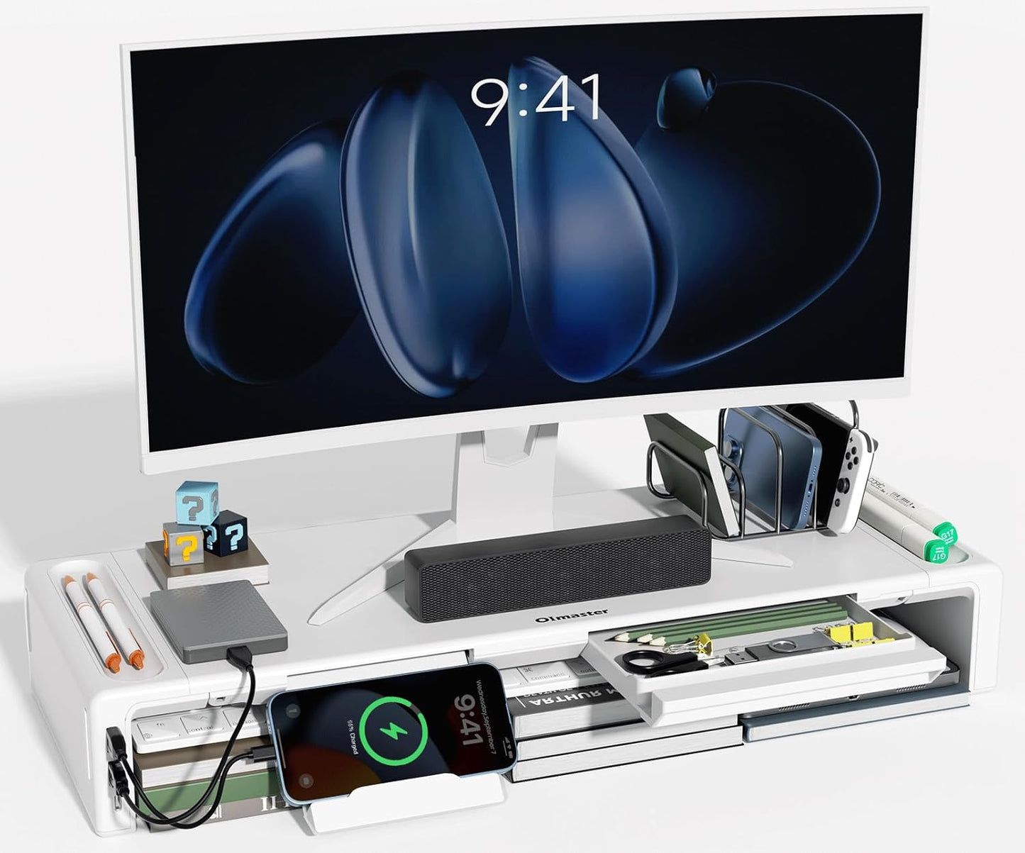 OImaster Monitor Stand Riser, Foldable Computer Monitor Riser, Adjustable Length Computer Stand and Storage Drawer & Pen Slot, Phone Stand Compatible Computer, Desktop, Laptop, Save Space (White-Basic)