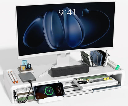 OImaster Monitor Stand Riser, Foldable Computer Monitor Riser, Adjustable Length Computer Stand and Storage Drawer & Pen Slot, Phone Stand Compatible Computer, Desktop, Laptop, Save Space (White-Basic)