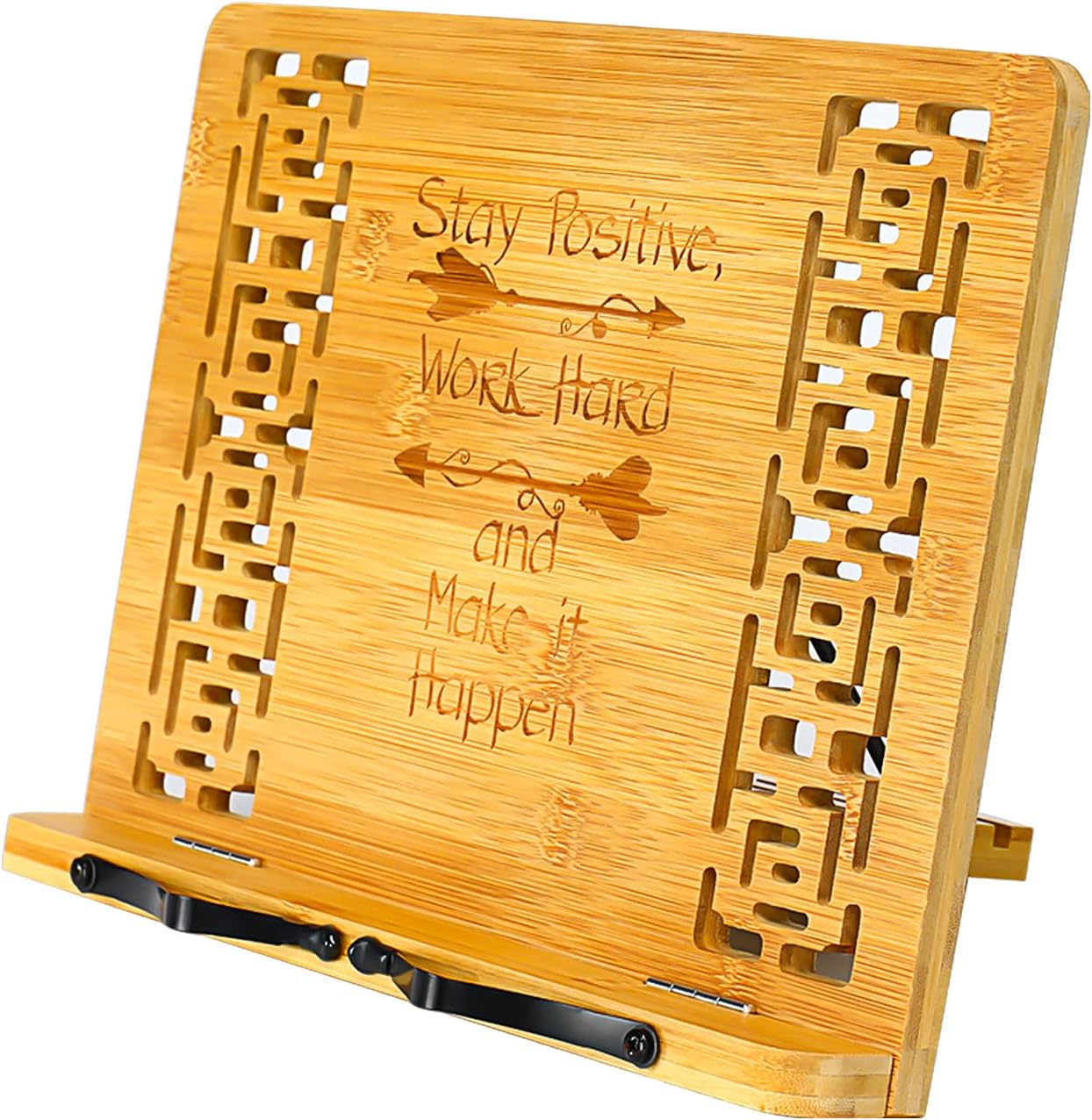 MEGREZ Bamboo Foldable Book Stand (13.2 x 9.4 inch) Reading Frame Rest Holder Cookbook Stand/Tablet PC Textbook/Music Document Stand/Desk Bookrest with Retro Hollow, Positive & Work Hard