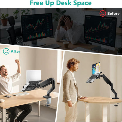 WALI Single Arm Laptop and Monitor Desk Mount for 17" Notebook and Up to 32" Screen, 2-in-1 Adjustable Monitor Arm with Laptop Tray, VESA 75x75 100x100,Holds 22-26.4 lbs, Black (GSMP001NLP)