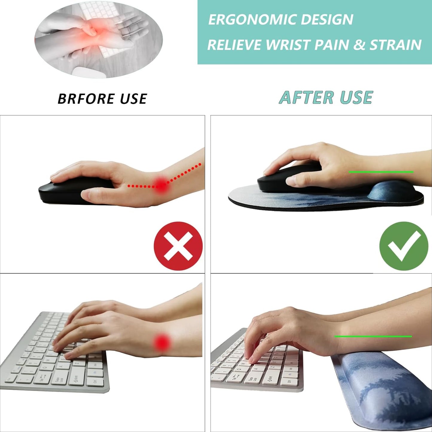 Keyboard Wrist Rest Pad Mouse Pad with Wrist Support Set of 3, Mousepad with Non-Slip Rubber Base, Ergonomic Memory Foam Mouse Wrist Cushion Support for Home Office Laptop Computer, Flower Black