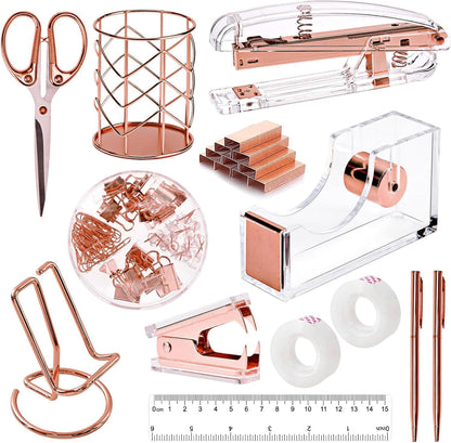 suniya Office Supplies,Gold Desk Accessories,with Stapler,Tape Dispenser,Pen Holder,Scissors,Phone Stand,Staple Remover,Ballpoint Pen,Clear Tape, Staples,Ruler,Clips,Best Gift for Business or Boss