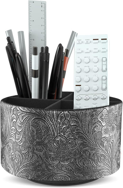 lizimandu Round Leather Art Supply Organizer,Remote Control Holder,360 Degree Spinning,Multi-Functional Pencil Holder,4 Compartments Desktop Stationary Organizer(1-Gold) - Colors A