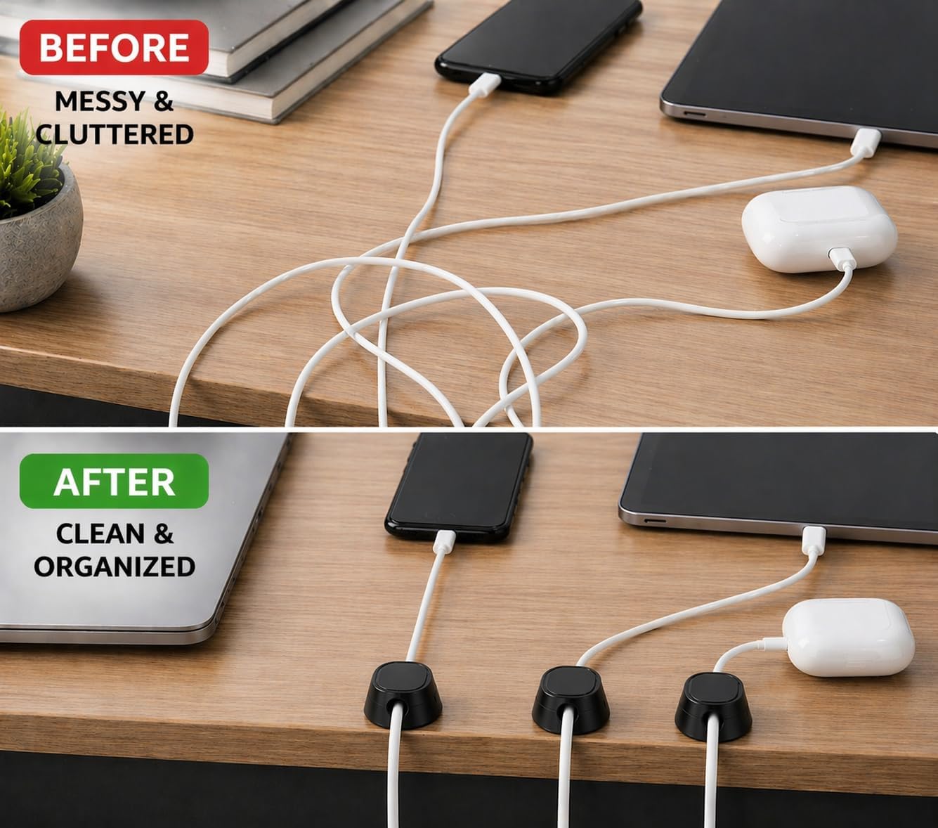 Magnetic Cable Clips (6-Pack), Strong Adhesive Cord Holder for Desk, Nightstand, Car & Cable Management, Black