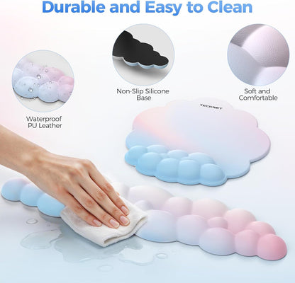 TECKNET Cloud Mouse Pad with Wrist Rest, Ergonomic Cloud Wrist Rest with Non-Slip Base, PU Leather Memory Foam Mouse Pad Wrist Support for Keyboard and Mouse, Pain Relief for Typing, Gaming, White