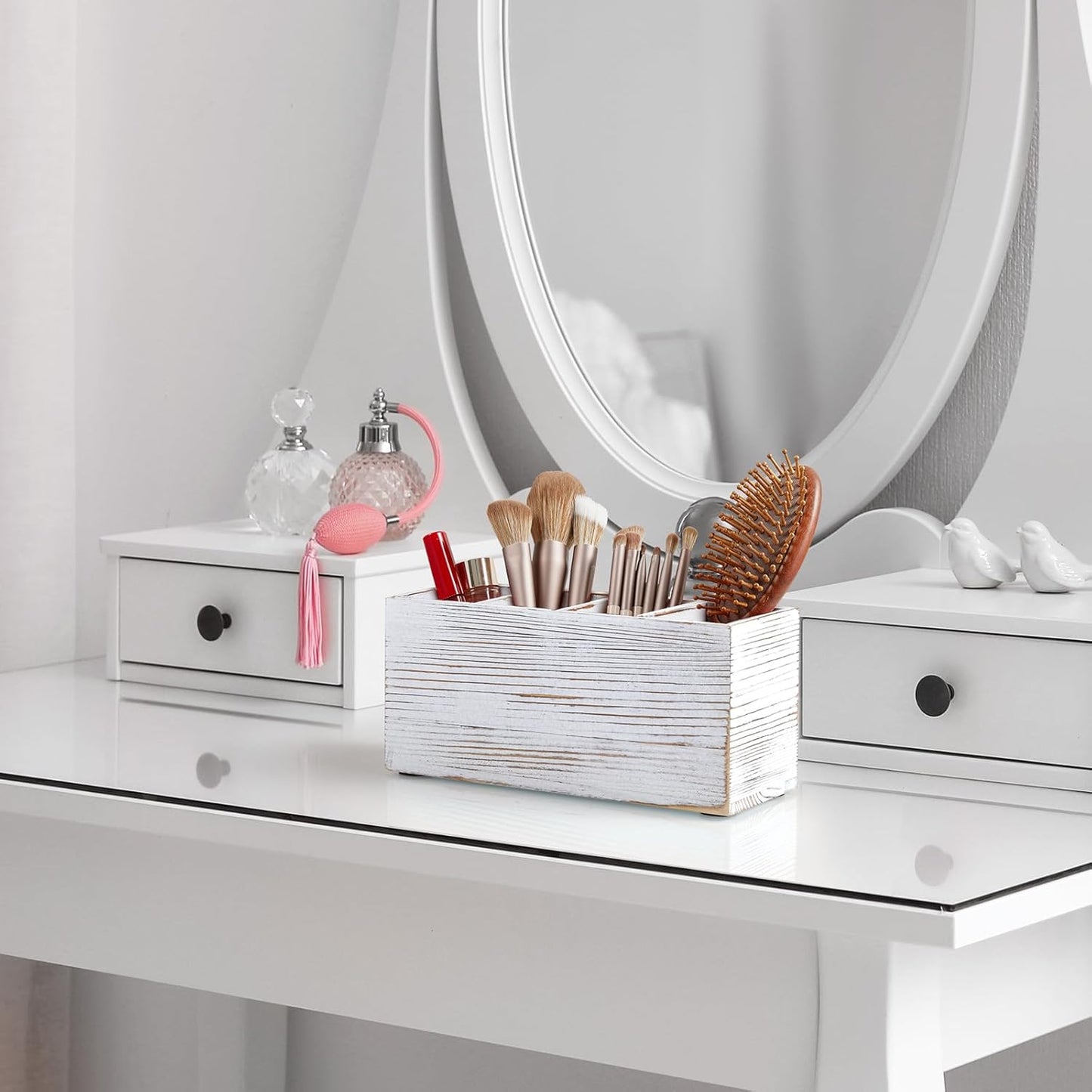Bivvclaz Pencil Pen Holder for Desk, Acacia Wood Office Desk Organizers and Accessories with 4 Slots for Countertop, Makeup Brush Holder Organizer for Bathroom Vanity, Silverware Caddy for Party