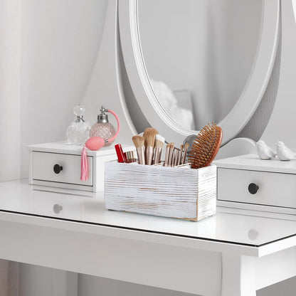 Bivvclaz Pencil Pen Holder for Desk, Acacia Wood Office Desk Organizers and Accessories with 4 Slots for Countertop, Makeup Brush Holder Organizer for Bathroom Vanity, Silverware Caddy for Party