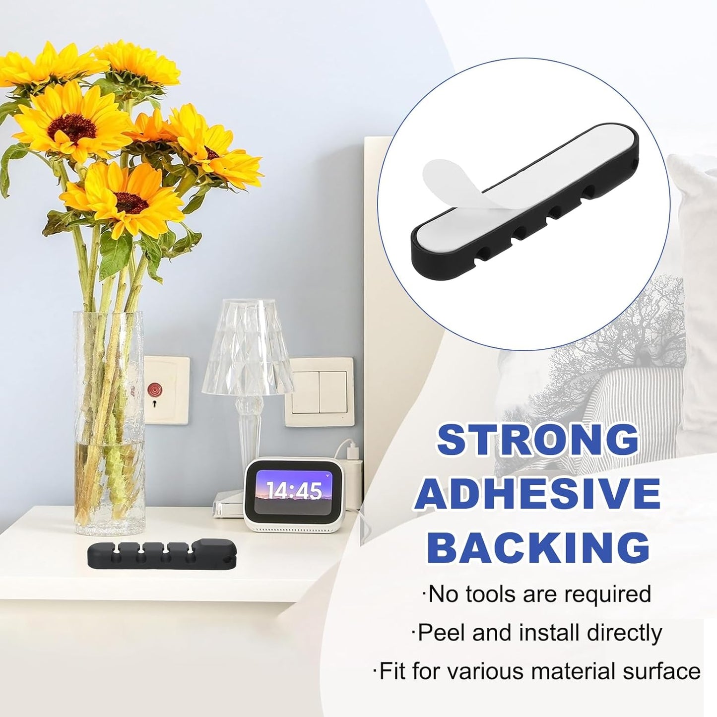 137mm Cable Clip 8 Holes Silicone Wire Holder Cord Organizer Adhesive Cable Keeper for Home Office Desk Fitting, Black