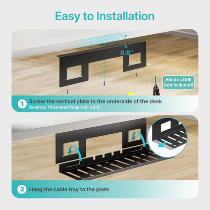 PEGZONE Under Desk Cable Management Tray, 31.5 Inches Metal Cord Organizer Rack, Desk Tray for Power Strip, Cord, Wire, Easy Mounting Cable Management Under Table for Home Office, Black