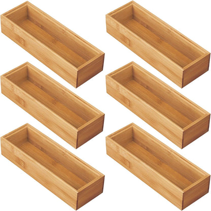 mDesign Slim Wooden Bamboo Drawer Organizer for Office - 12" Long Stackable Storage Box Tray for Desk Drawers/Cabinet - Junk Drawer and Accessories Organization - Echo Collection, 2 Pack, Natural Wood
