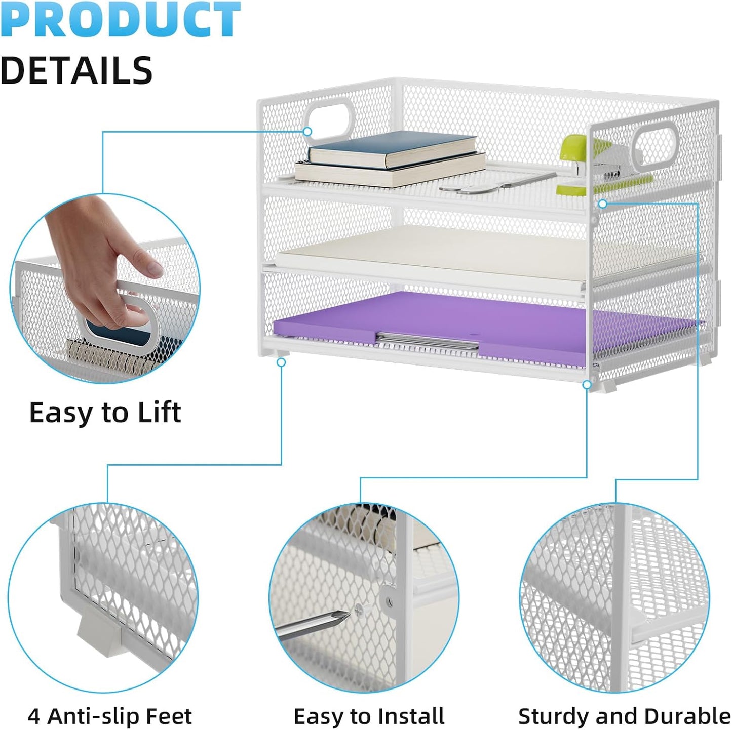 Marbrasse 3 Tier Paper Organizer Letter Tray, Mesh File Organizer with Handle, Paper Sorter Desk Organizer for Home Office Supplies