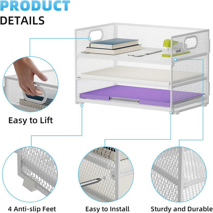 Marbrasse 3 Tier Paper Organizer Letter Tray, Mesh File Organizer with Handle, Paper Sorter Desk Organizer for Home Office Supplies