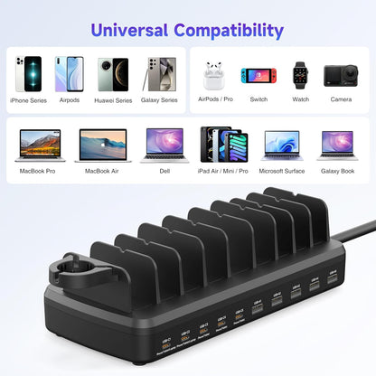 320W Charging Station for Multiple Devices, 10 Ports Fast Multi-Device Charger Organizer Compatible with MacBook Pro Laptop, iPhone, Android, Ipad, Tablet, Kindle, Family Multi-Device Charging Dock