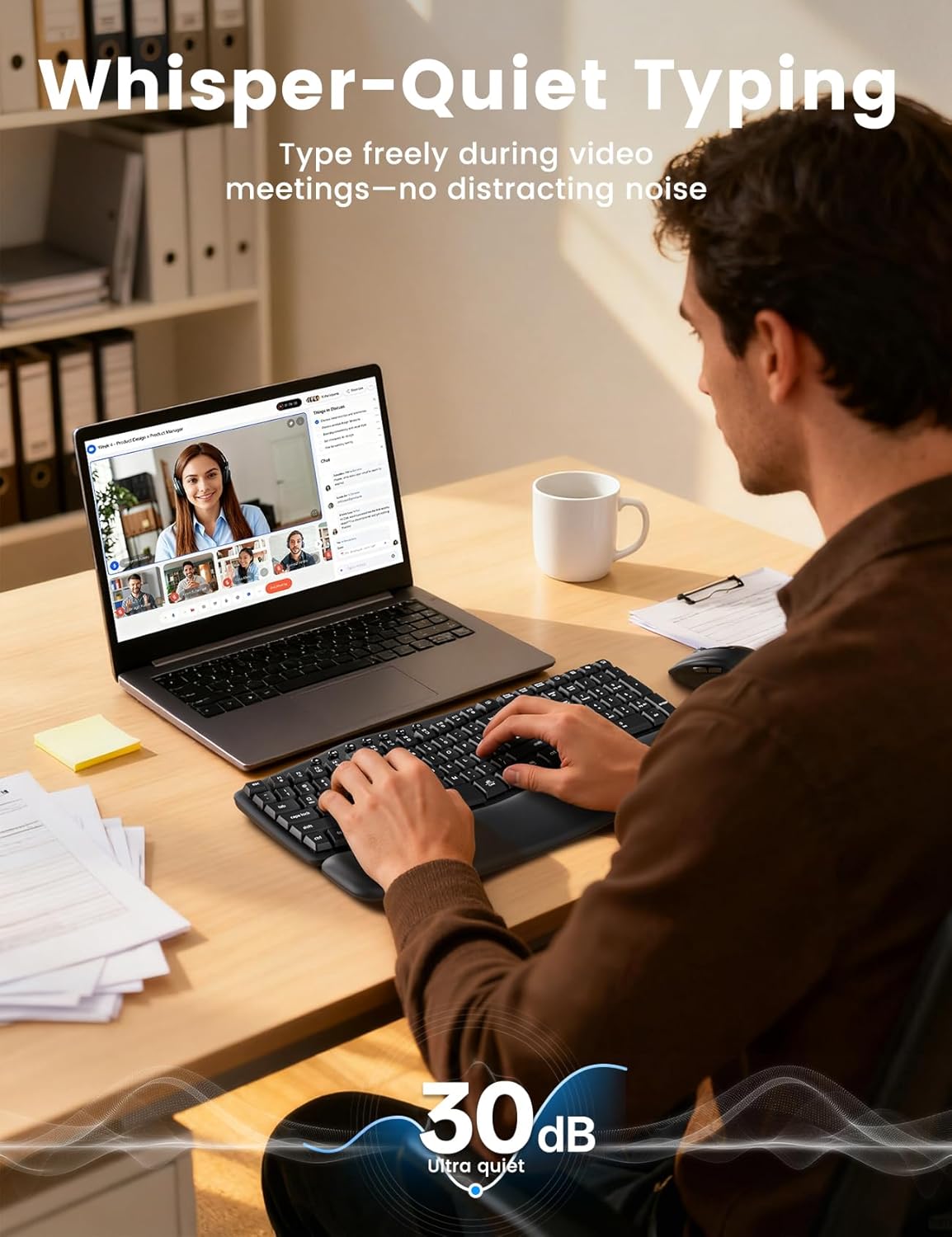 Wireless Keyboard and Mouse Combo, SABLUTE MA41 30dB Quiet Ergonomic Wave Keyboard Set with Soft Leather Palm Rest, Dual-System Switch for Windows/Mac, Ideal for Business Teams Home Office