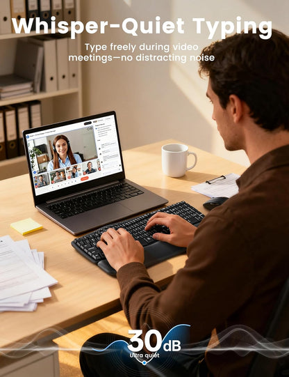 Wireless Keyboard and Mouse Combo, SABLUTE MA41 30dB Quiet Ergonomic Wave Keyboard Set with Soft Leather Palm Rest, Dual-System Switch for Windows/Mac, Ideal for Business Teams Home Office
