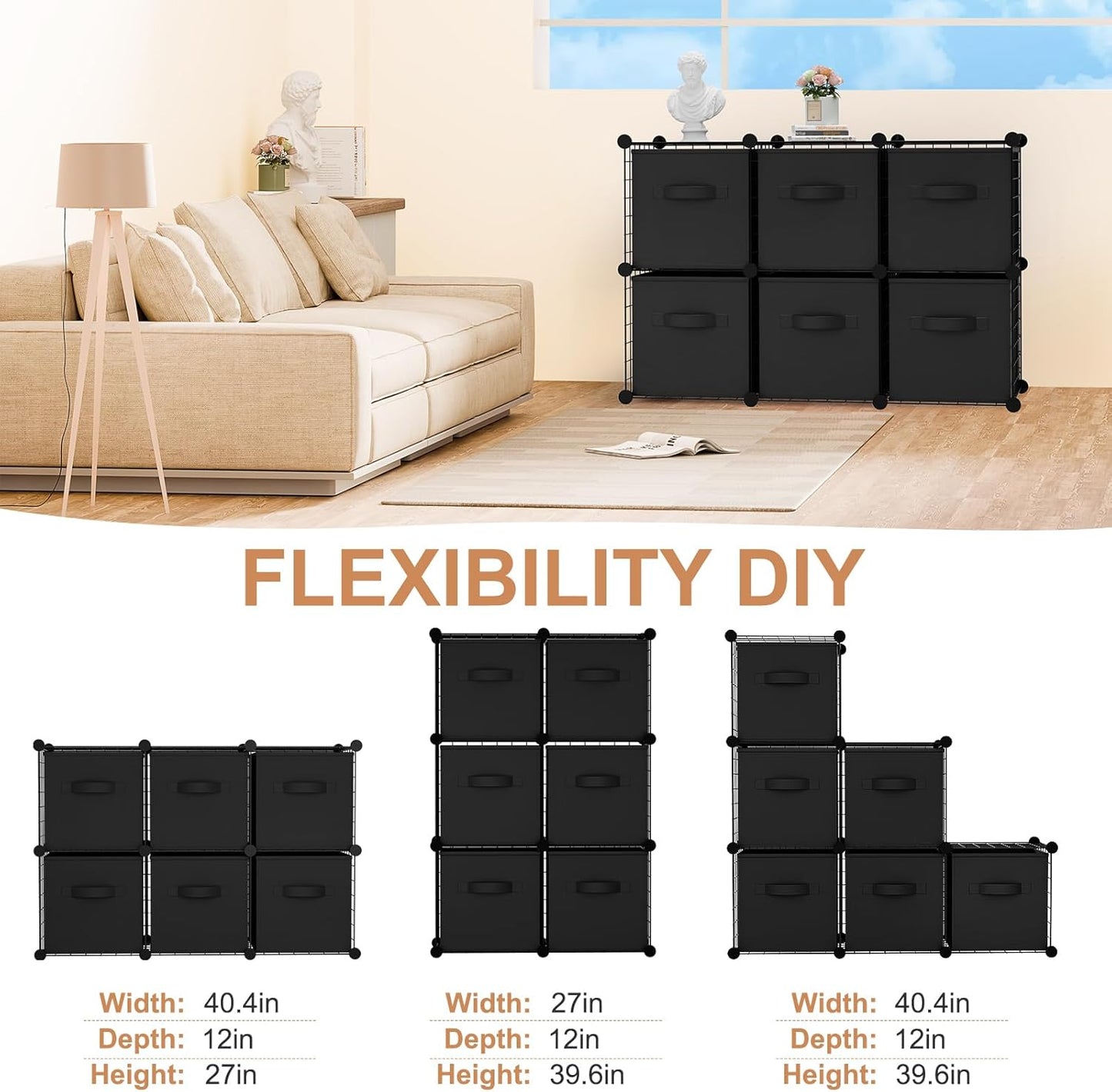 Leinuosen 6 Cube Storage Organizer with Fabric Bins, Wire Grid Stackable Shelves, Modular Storage Units for Bedroom Living Room Office Toys Book Craft(Black,Gray)