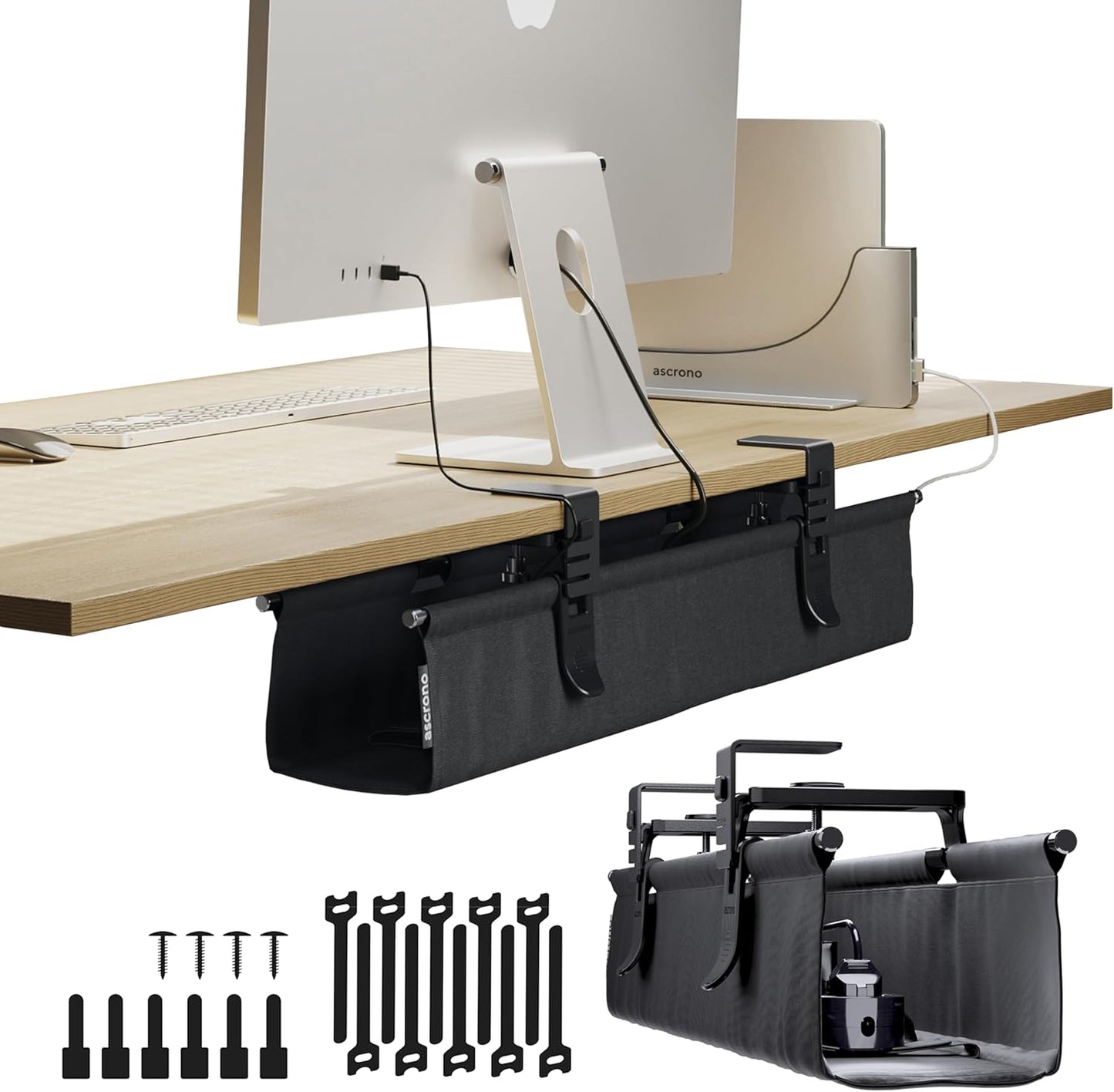 Ascrono Original No Drill Under Desk Cable Management Tray 27.3" - Premium White Fabric Cable Management Under Desk - Clamp/Screw Mount Cord Organizer - Supports Upto 66lbs